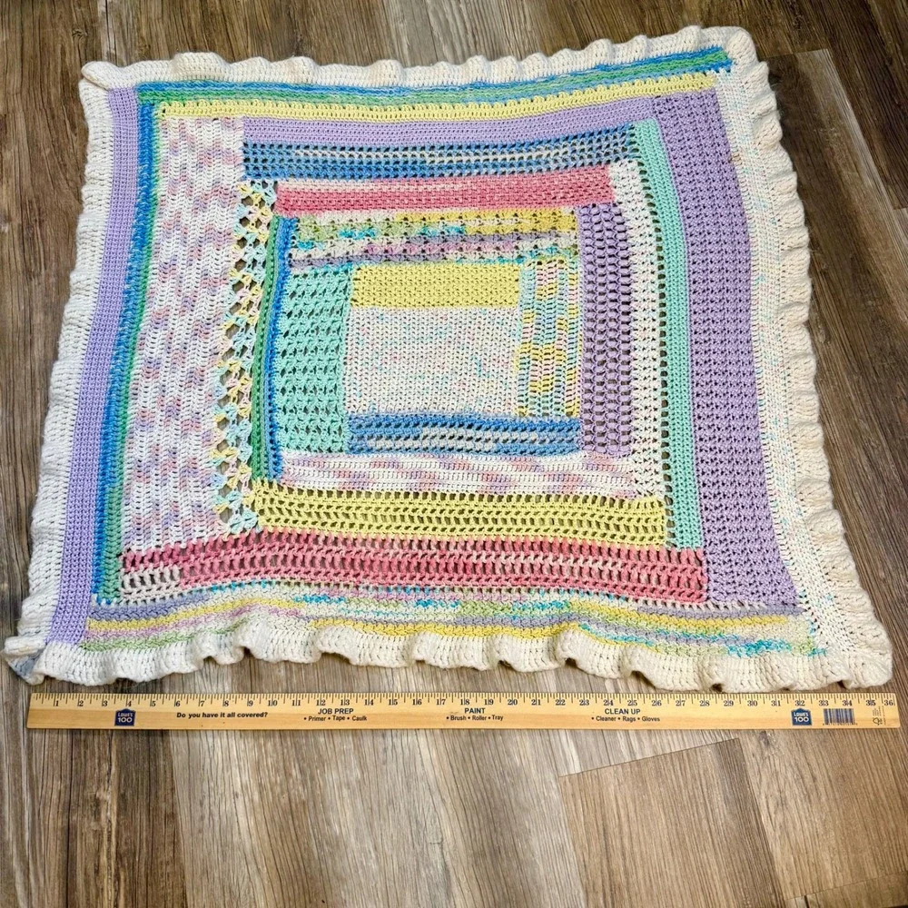 Handmade Vintage Patchwork Crochet Baby‎ Blanket Pastel Multicolor Ruffle Trim